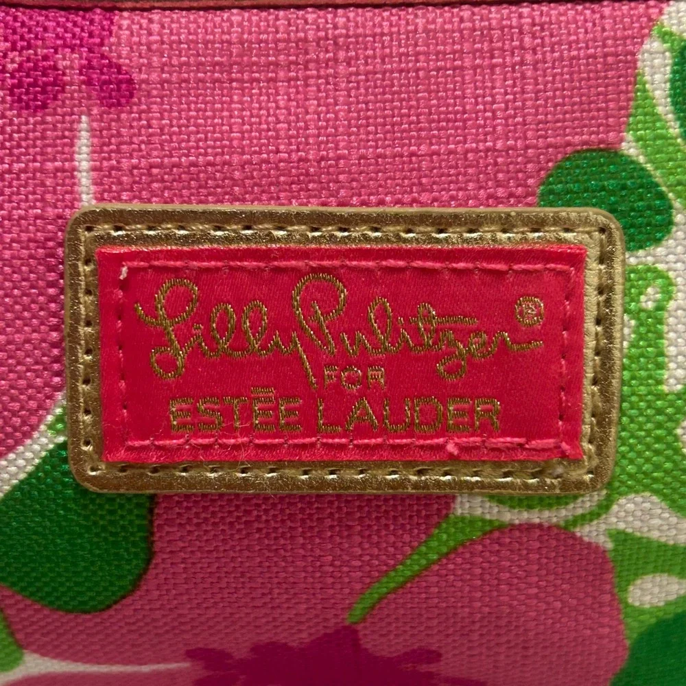 Lilly Pulitzer Estee Lauder Pink Green Floral Cosmetic Makeup Bag Travel Case